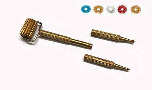 ACS/ACM Sujok Acupressure Probe Metal Hand Energy Roller Massager & Jimmy with Two Attachments Set of 1 + Sujok Rings Set of 5 Metal Roller L X B X W - 11 X 2.5 X 1.5Cm Silver Or Gold by ACS / ACM