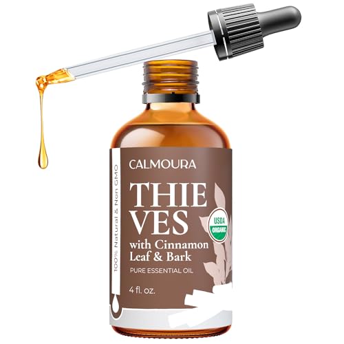 Calmoura Organic Thieves Oil Essential Oil �?USDA Certified Therapeutic Grade �?(4 oz | 118 ml) �?Based on The Tale of Four Thieves �?Oil Blend of Clove, Cinnamon, Rosemary Oil, Lemon and Eucalyptus