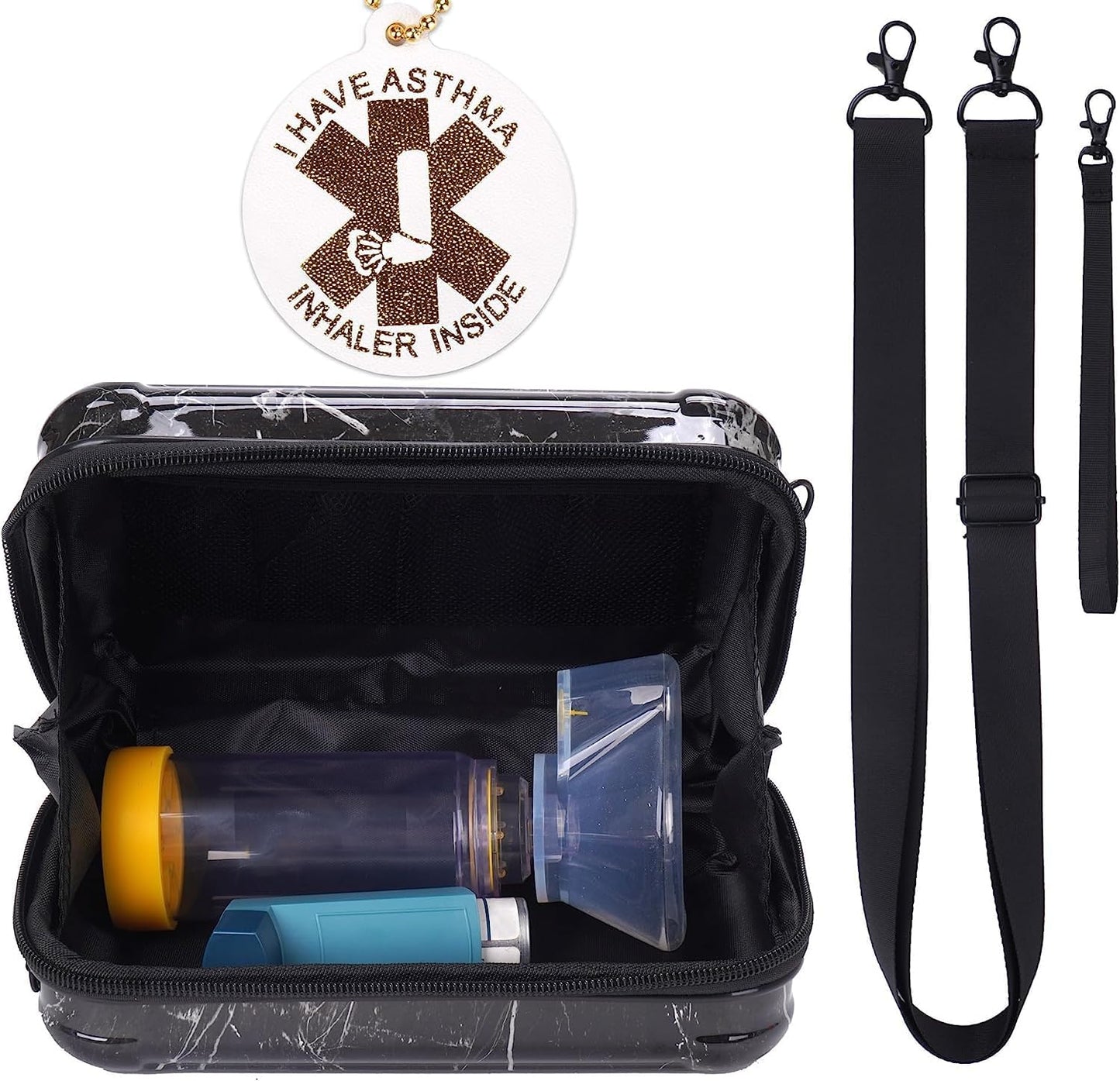 Travel Carrying Case for Asthma Inhaler, Inhaler Spacer for Kids and Adults, Masks, Inhaler Holder Bag with Shoulder Crossbody Rope and Mesh Pocket for Medicine (Only Case) (Black Marble)