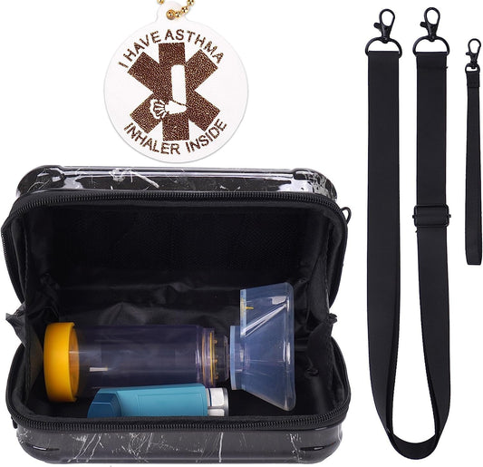 Travel Carrying Case for Asthma Inhaler, Inhaler Spacer for Kids and Adults, Masks, Inhaler Holder Bag with Shoulder Crossbody Rope and Mesh Pocket for Medicine (Only Case) (Black Marble)