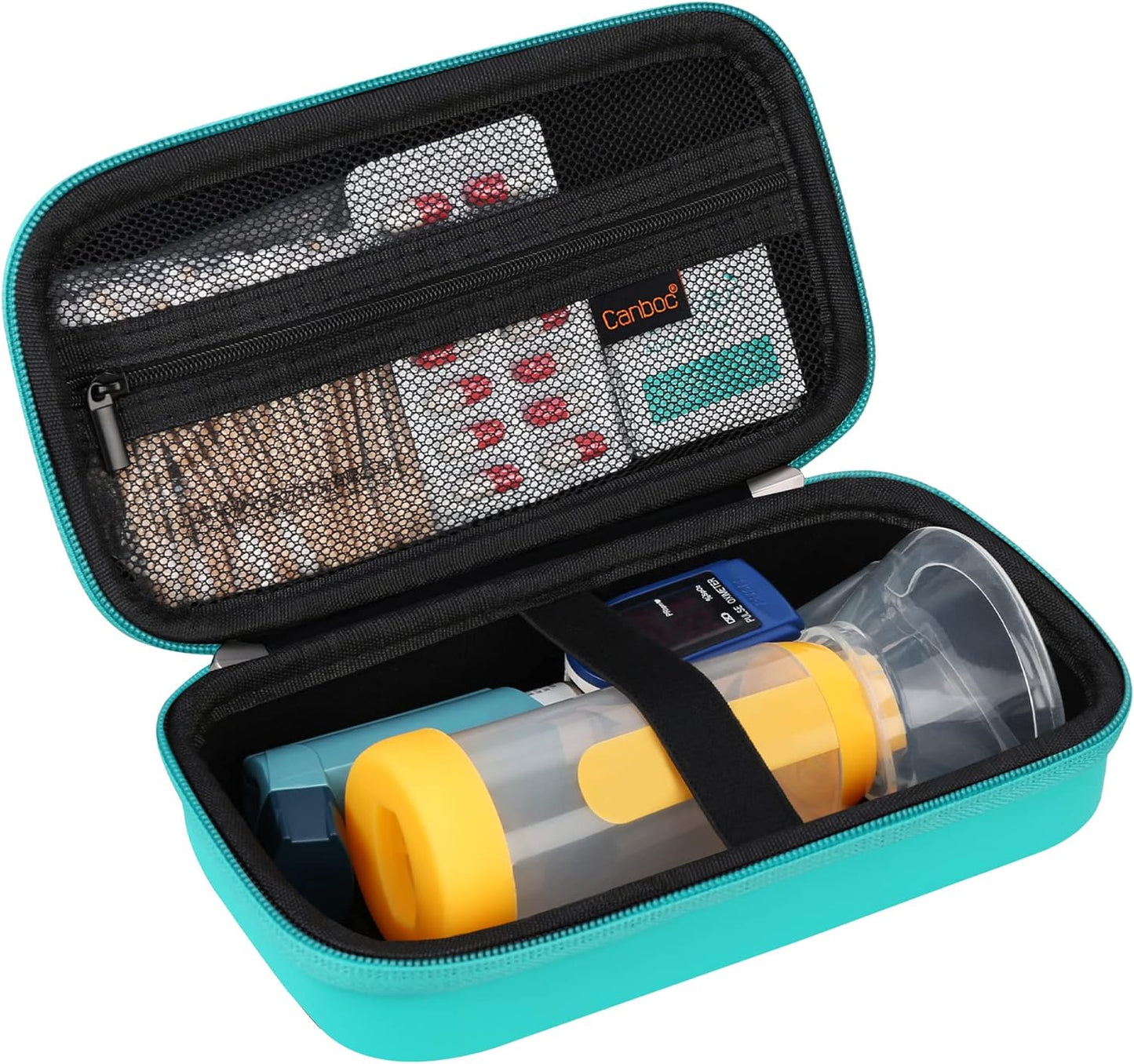 Canboc Travel Carrying Case for Asthma Inhaler, Handheld Spacer for Adults and Kids, Masks, Hard Inhaler Case with Mesh Pocket fit Medicine and Other Essentials, Mint Green (CASE ONLY)