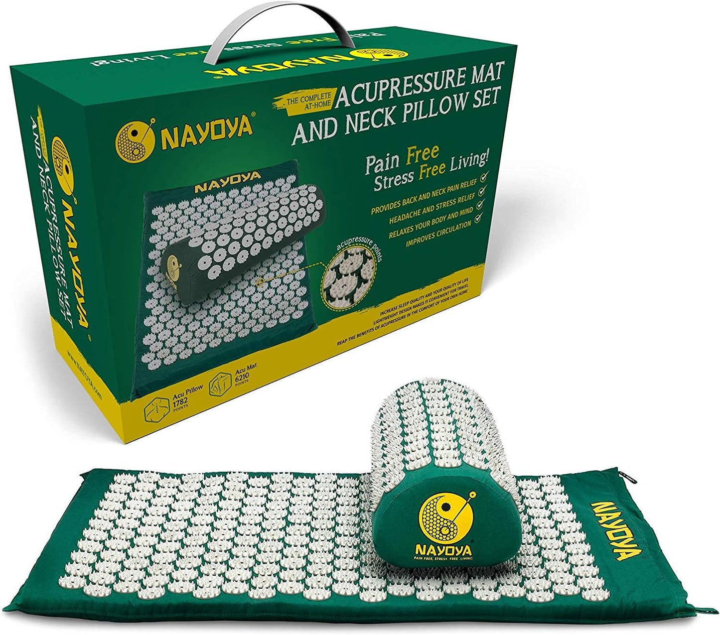 Neck and Back Pain Relief - Acupressure Mat and Neck Pillow Set - Relieves Stress and Sciatic Pain for Optimal Health and Wellness - Comes in a Carry Box with Handle for Storage and Travel