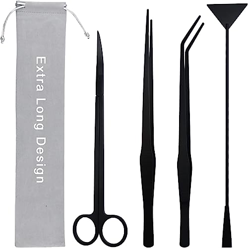 Aquarium Aquascape Tools Kit, Long 15 Inch Stainless Steel Aquatic Plants Tools, 4 in 1 Anti-Rust Black Aquascaping Tweezers Scissors Spatula Scrapers Tool Set for Fish Tank Cleaning Plant Trimming