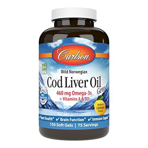 Carlson - Cod Liver Oil Gems, 460 mg Omega-3s, Plus Vitamins A and D3, Wild Caught Norwegian Arctic Cod Liver Oil, Sustainably Sourced Nordic Fish Oil Capsules, Lemon, 150 Softgels