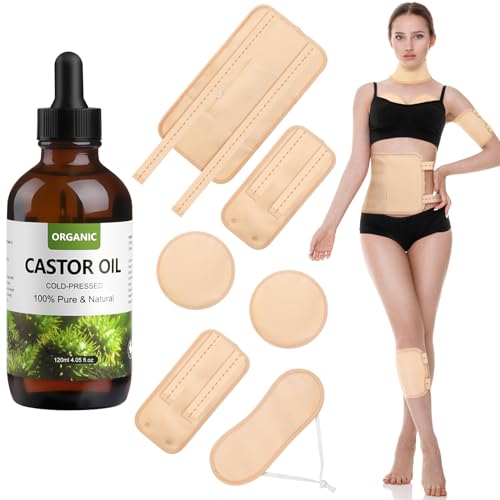 Castor Oil Organic Cold Pressed Unrefined in Glass Bottle (4.05OZ/120ML), 6pcs Castor Oil Pack Organic Cotton and Organic Flannel Cloth Washable Castor Oil Packs Wrap for Liver Detox