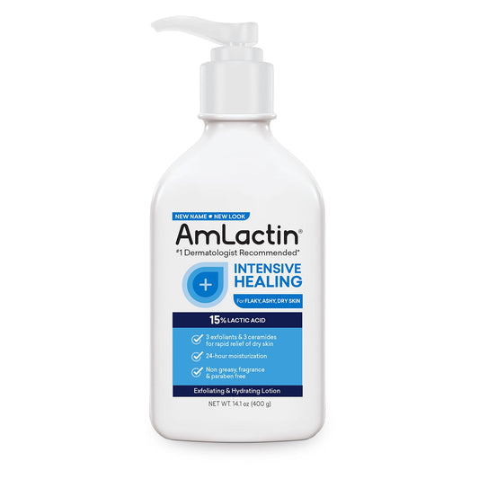 AmLactin Intensive Healing Body Lotion for Dry Skin �?14.1 oz Pump Bottle �?2-in-1 Exfoliator & Moisturizer with Ceramides & 15% Lactic Acid for Relief from Dry Skin (Packaging May Vary)