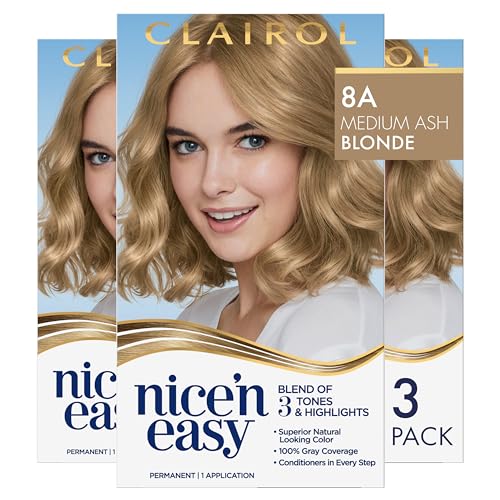 Clairol Nice'n Easy Permanent Hair Dye, 8A Medium Ash Blonde Hair Color, Pack of 3