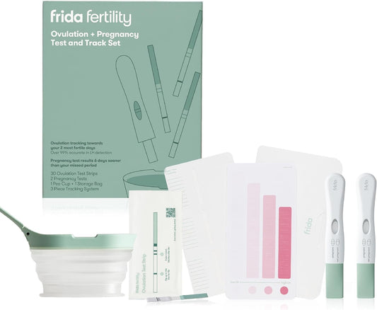 Frida Fertility Ovulation and Pregnancy Test Kit | Easy At Home Ovulation Strips and Pregnancy Tests with Tracking and Prediction Log | 30 Ovulation Tests, 2 Pregnancy Tests, Tracker + No Mess Pee Cup