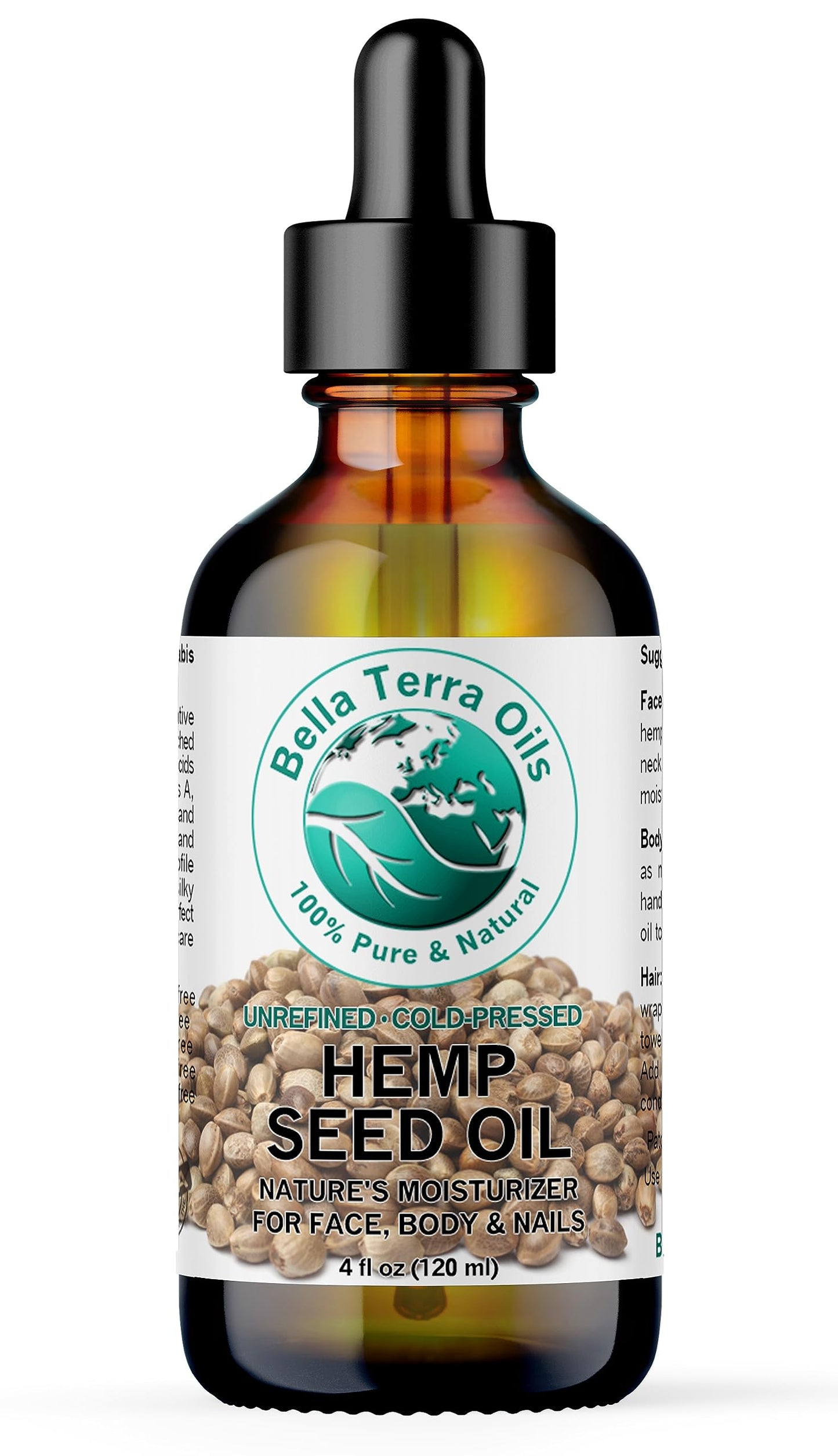 Bella Terra Oils - Hemp Seed Oil 4oz - Dive into the World of Linoleic Acid & Alpha-Linolenic Acid, Packed with Essential Vitamins, Perfect for Cosmetic Elixirs