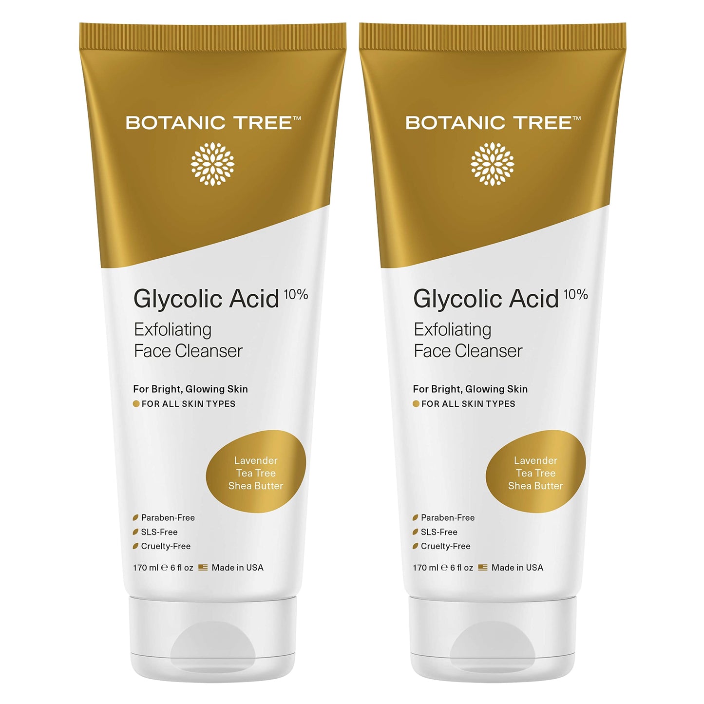 Botanic Tree Glycolic Acid Face Wash, Exfoliating Facial Cleanser For Facial Skin Care, Acne Treatment Face Scrub, 10% Glycolic and Salicylic Acid 6 fl. oz (2 pack)