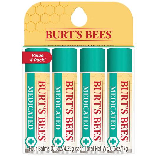 Burt's Bees Lip Balm Mothers Day Gifts for Mom - Medicated With Eucalyptus Oil and Menthol, Tint-Free, Natural Origin Lip Care, 4 Tubes, 0.15 oz.
