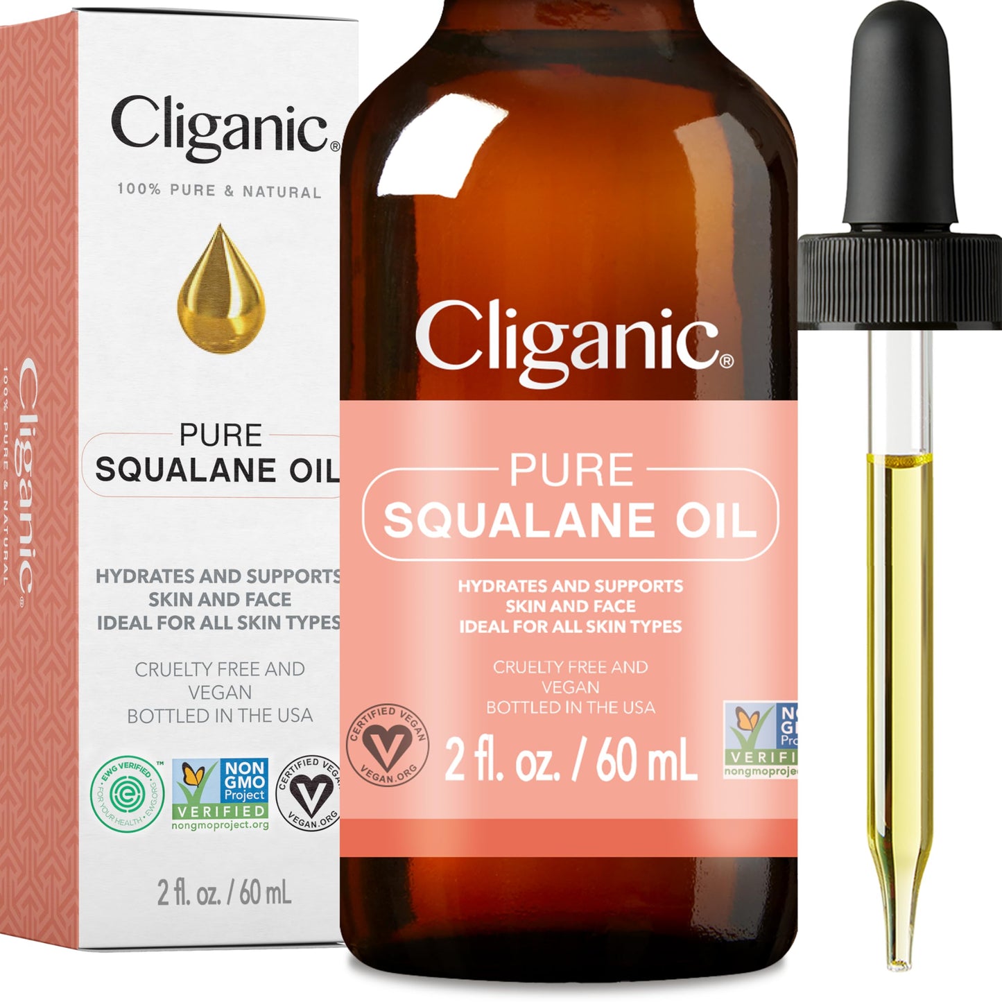Cliganic Pure Squalane Oil for Skin & Hair (2oz) - Non-GMO Verified, Natural Plant-Derived Face Moisturizer