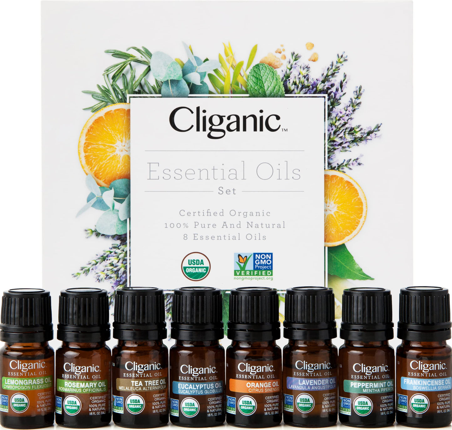 Cliganic Organic Aromatherapy Essential Oils Gift Set (Top 8), 100% Pure - Peppermint, Lavender, Eucalyptus, Tea Tree, Lemongrass, Rosemary, Frankincense & Orange