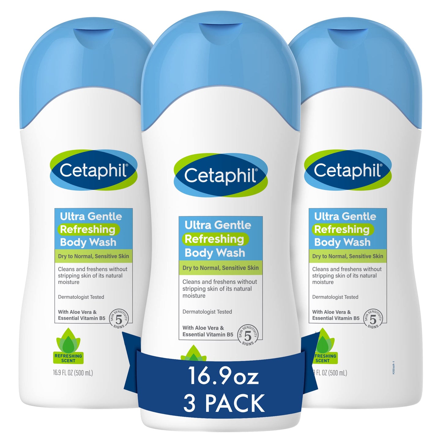 Cetaphil Ultra Gentle Refreshing Body Wash, Refreshing Scent For Dry to Normal, Sensitive Skin, Mother's Day Gifts, 16.9oz Pack of 3, with Aloe Vera, Vitamin B5, Hypoallergenic, Dermatologist Tested