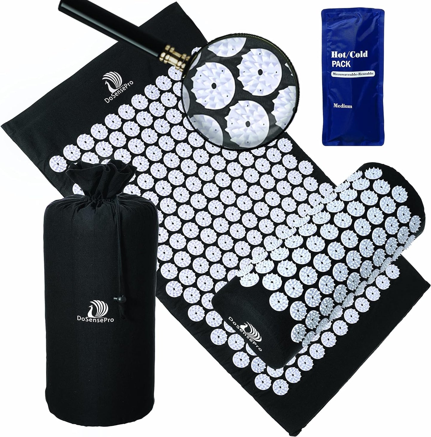 Acupressure Mat & Pillow Set with Hot/Cold Gel Pack for Back and Neck Pain Relief, Sciatica and Pressure Point Aches - Ideal Acupuncture Mat for Sleeping Aid & Workout Recovery - Black